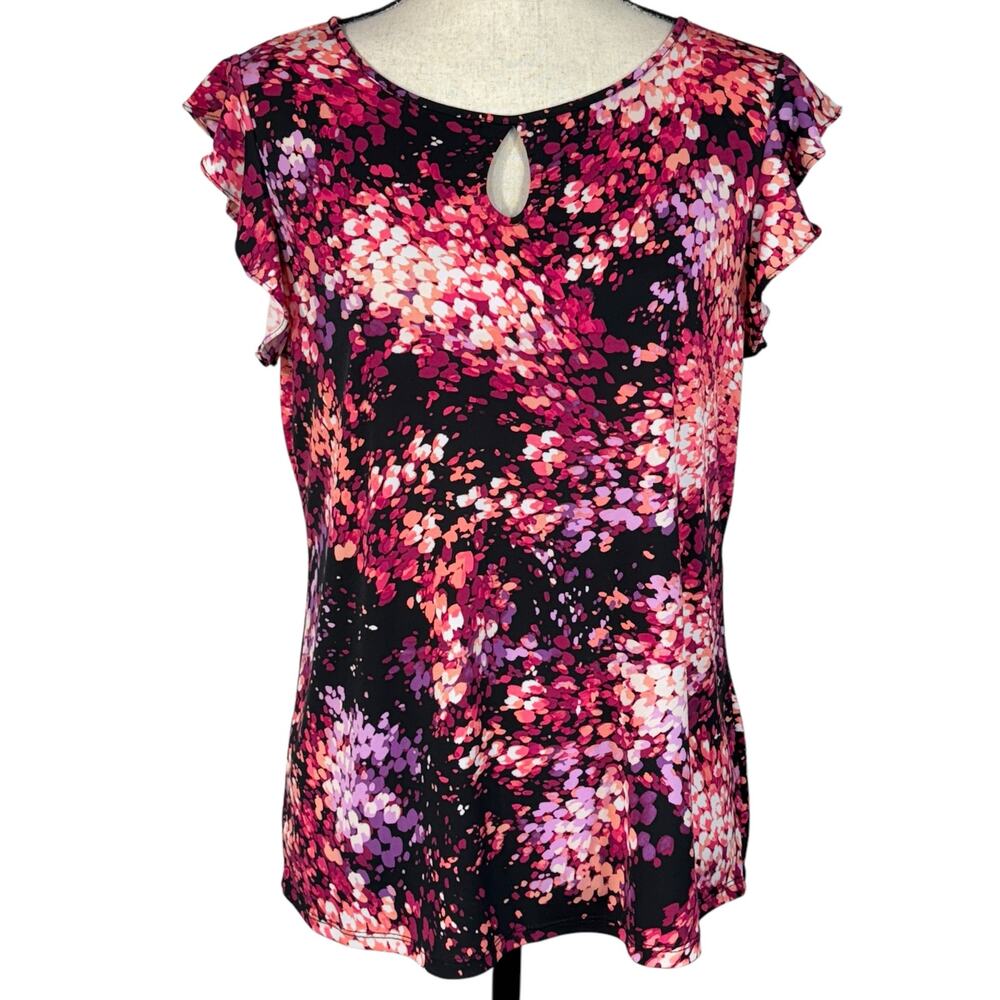 Worthington Medium Top Abstract Keyhole Ruffled Cap Sleeves Stretch Lightweight